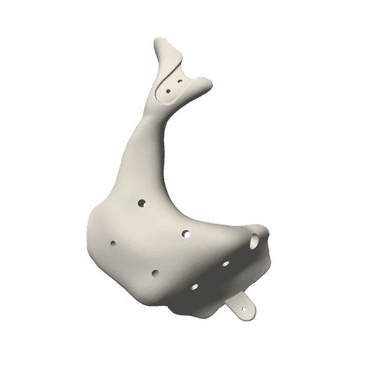 Modèle 3D interactif d'un implant zygomatique sur mesure en PEEK, avec ses trous de fixation.